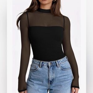 Black Mock Neck Mesh Top